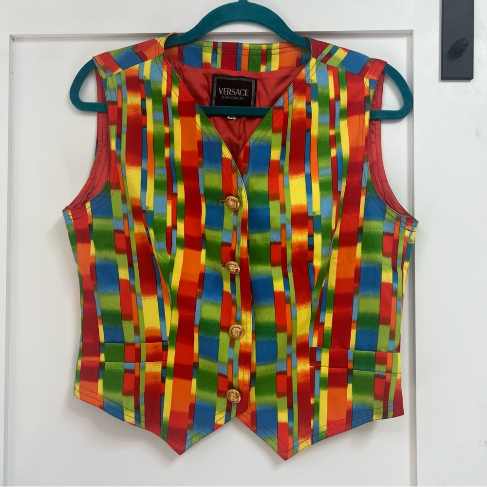 Vintage Versace Jean Couture Colorful Geometric Vest with Gold Buttons